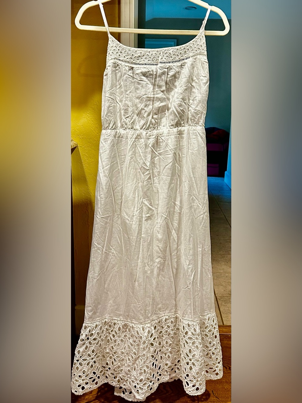 J.Crew NWT White cotton maxi SunDress XXL smocking, straps, Eyelet & ruffled hem